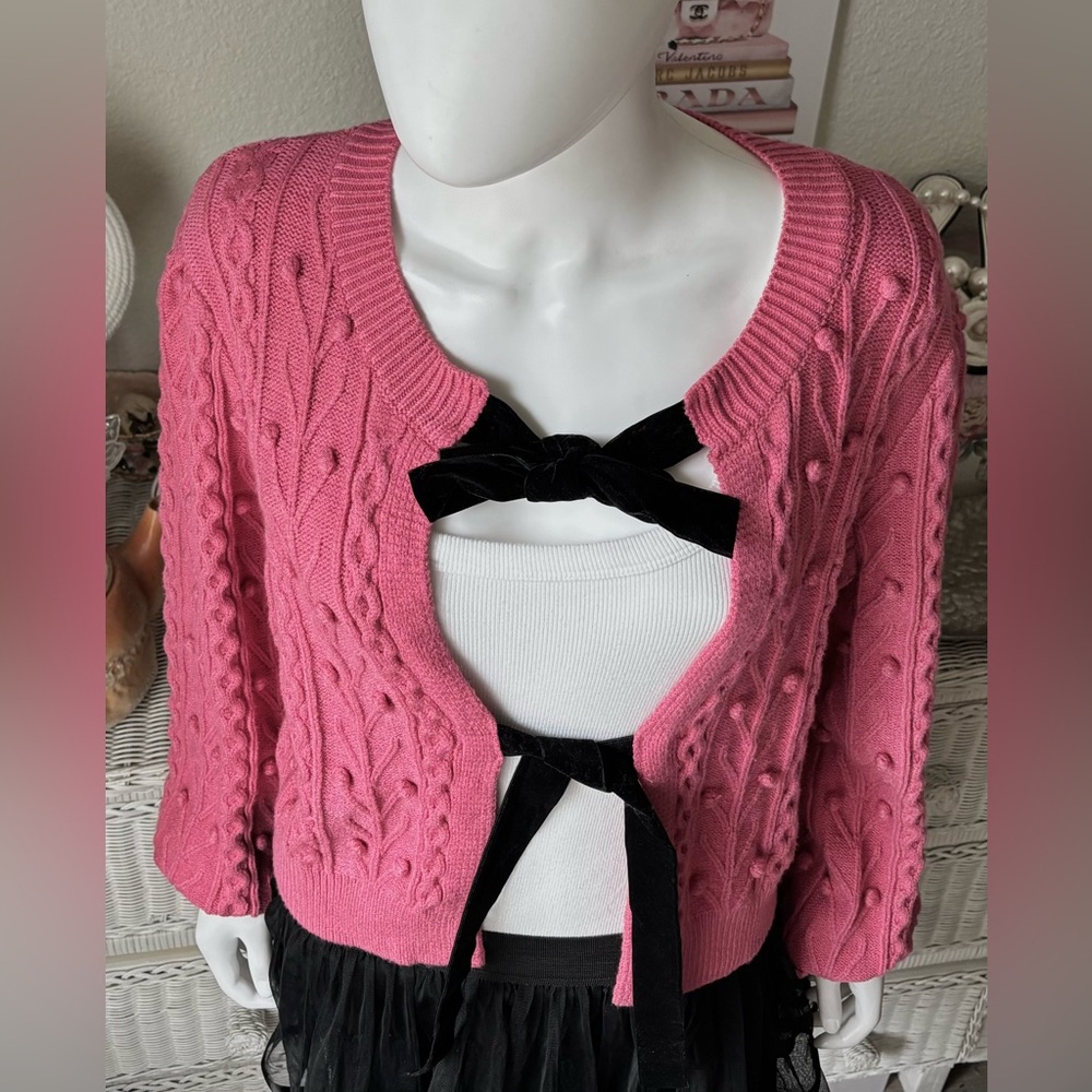 Cider Cardigan Popcorn Cable Knit Buttonless Pink Black Ties Size Juniors XL NWT - Picture 2 of 10